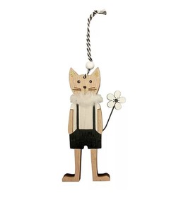 Tavaszi dekorációs figura (cica, fekete-fehér kantáros ruhában, virággal)