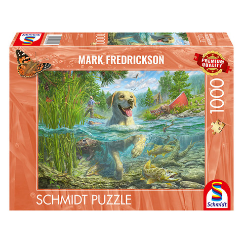 Hundeliebe, gelber Labrador auf Fischjagd  (58557)