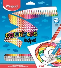 Színes ceruza készlet, háromszögletű, radírozható, MAPED Color`Peps Oops, 24 különböző szín