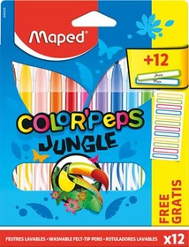 Filctoll készlet, 2,8 mm, kimosható, MAPED Color`Peps Jungle 12 különböző szín+12 ajándék matrica