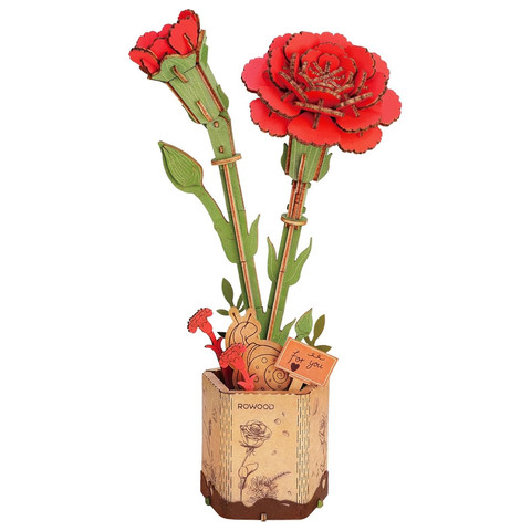 Rowood 3D fa puzzle virág - Szegfű (piros)