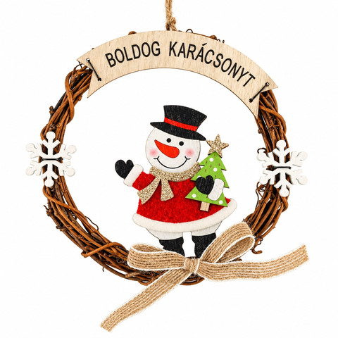 Karácsonyi fonott ajtódísz hóemberrel