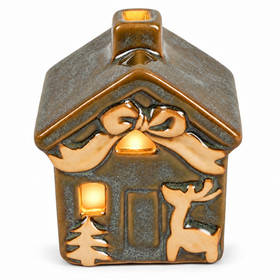 Karácsonyi LED-es kerámia házikó szarvassal (bronz)