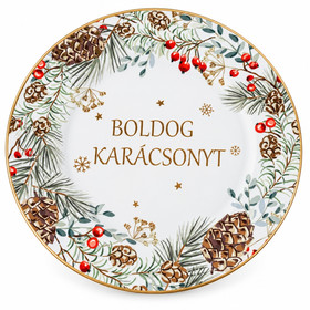 Karácsonyi tálaló tálca (toboz-fagyöngy, fehér)