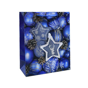 Ajándéktasak - kicsi (kék karácsonyi díszek. középen fehér-kék csillag dísszel)