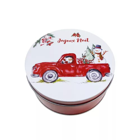 Karácsonyi fém díszdoboz, kör alapú, kicsi (piros Pick-up hóemberrel)