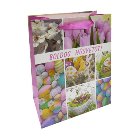Ajándéktasak - közepes (húsvéti tojás-rózsaszín „Boldog Húsvétot” felirattal)