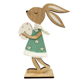 Húsvéti dekorációs figura (nyuszi zöld ruhában, fehér tojás kezében)