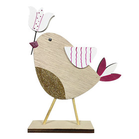 Húsvéti dekorációs figura (madárka, csőrében virág, natúr-pink)