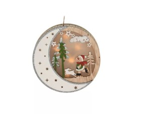 Karácsonyi dekoráció LED világítással (fehér Hold hóemberrel és fehér nyuszival)