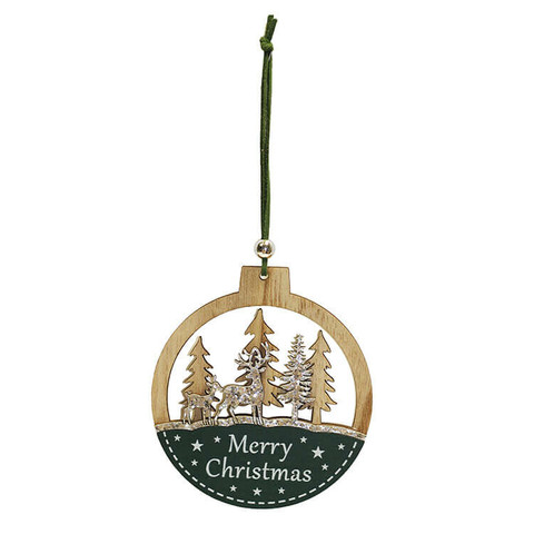 Karácsonyi dekoráció (natúr-zöld karikában ezüst rénszarvas és fenyőfák)