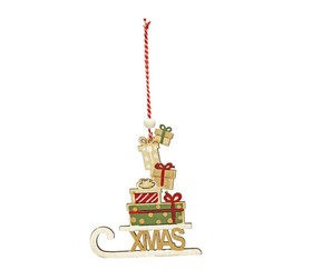 Karácsonyi dekoráció (fehér szánkó ajándékokkal és Xmas felirattal)