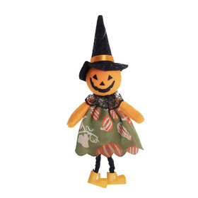 Halloween dekorációs figura (narancssárga tök, zöld szoknyában)