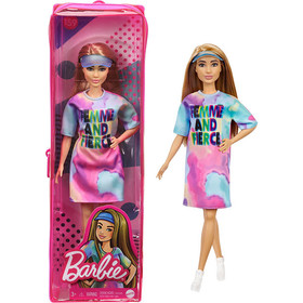 Barbie Fashionista barátnők: Világosbarna hajú Barbie batikolt ruhában cipzáras tartóban