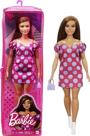 Barbie Fashionistas: Barna hajú molett Barbie pöttyös ruhában, cipzáras tartóban
