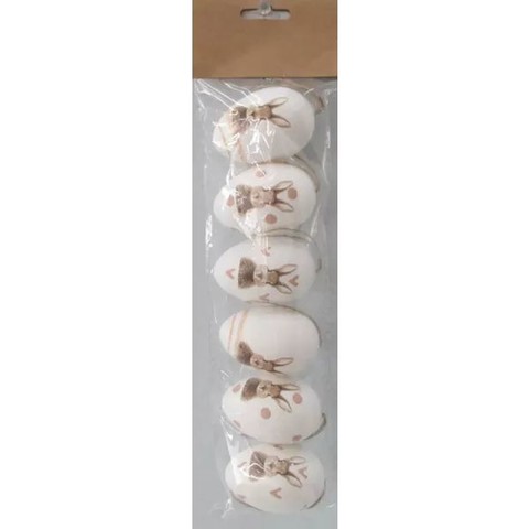 Nyuszi mintás dekorációs tojás - fehér, 6 darabos, 6 cm
