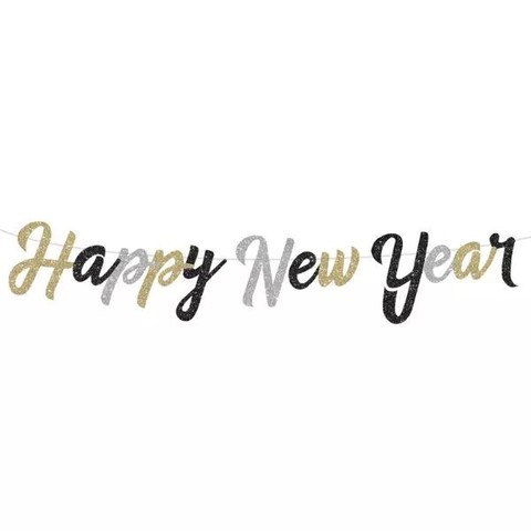 Happy New Year glitteres füzér fekete, arany, ezüst 2,5m