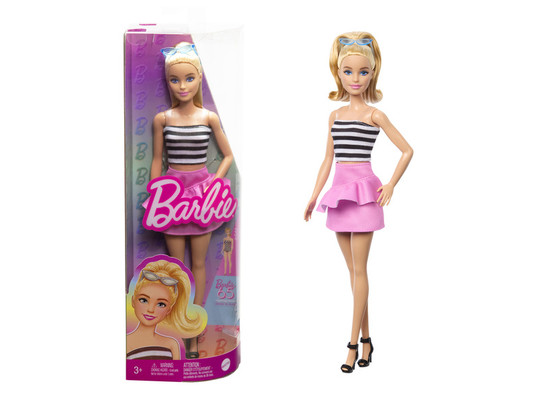 Barbie 65. Évfordulós baba fekete-fehér csíkos ruhában