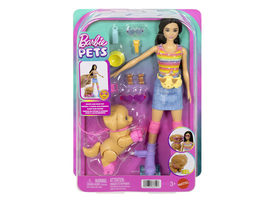 Barbie kutyasétáltó görkoris szett - barna baba
