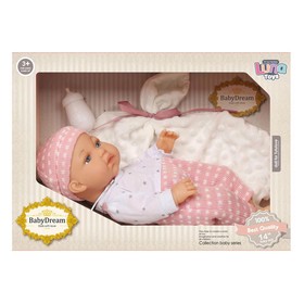Baby Dream: Csecsemőbaba pink ruhában kiegészítőkkel 35cm-es