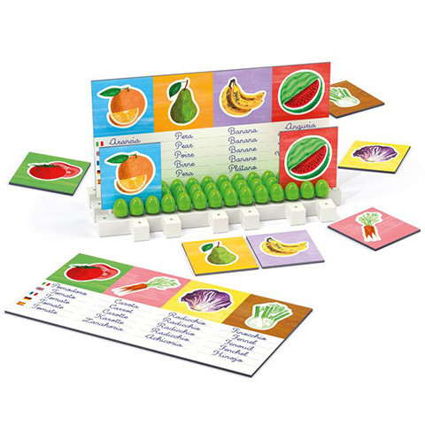 Quercetti: Montessori Zöldségek és gyümölcsök idegen nyelvű oktató játék 3db-os játékszett