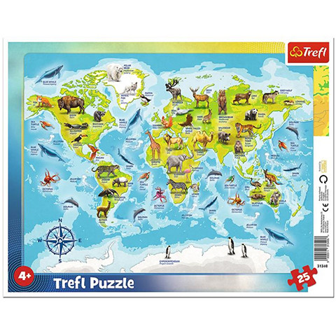 Világtérkép állatokkal 25 db-os keretes puzzle - Trefl