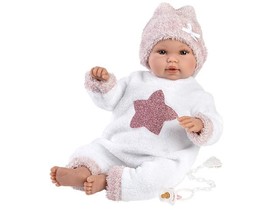 Llorens: Újszülött síró lány baba csillagmintás plüss pizsamában 36cm