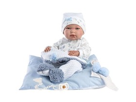 Llorens: Nico 40cm-es újszülött fiú baba kék párnával, cumival és 5db különböző ruhával