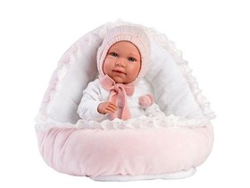 Llorens: Mimi 42cm-es síró kislány baba pink ruhában bölcsővel