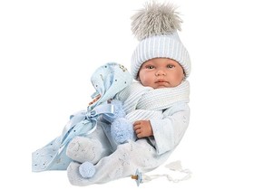 Llorens: Tino 43cm-es újszülött fiú baba kék babapléddel, cumival és 3db különböző ruhával