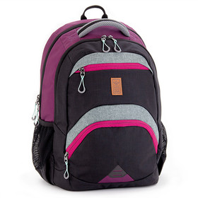 Fekete-szürke-magenta színű háromrekeszes ergonómikus iskolatáska, hátizsák 45x33x20cm