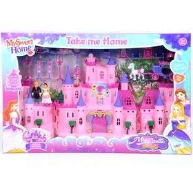 Rózsaszín kastély hintóval, figurákkal és fényekkel