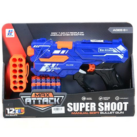 Super Shoot kék szivacslövő fegyver tölténytartóval és 12db tölténnyel