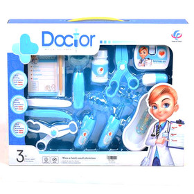 Kék orvosi játékszett ollóval, kórlappal és kiegészítőkkel