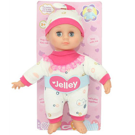 Jelley puha testű 26cm-es baba rózsaszín-fehér mintás ruhában